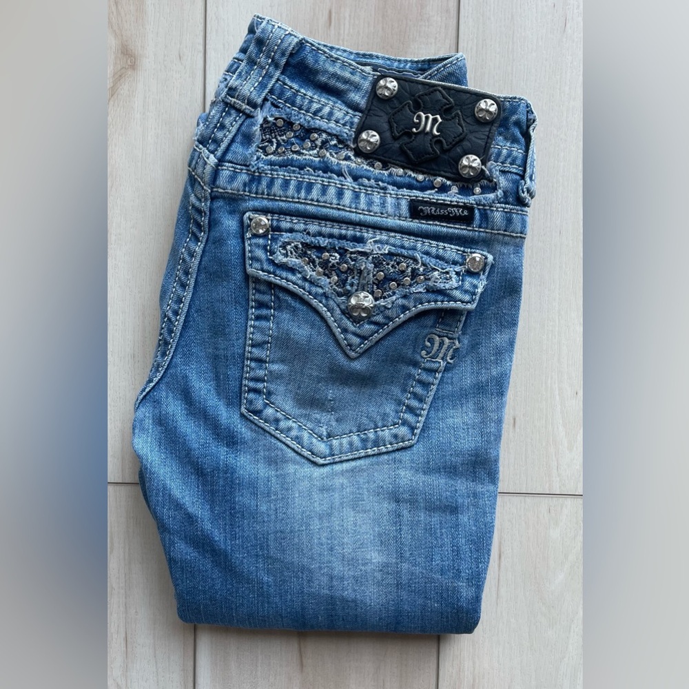 Miss Me Low Rise Y2K Rhinestone Embellished Bootcut Jeans - Picture 3 of 13